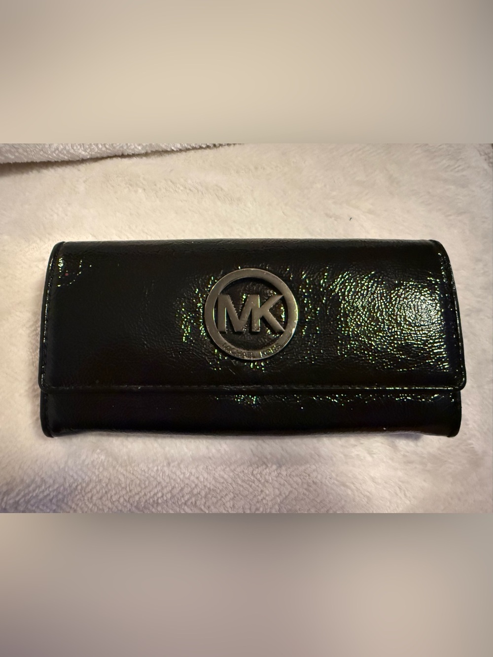 Michael Kors Black Patent Leather MK Logo Long Wallet
